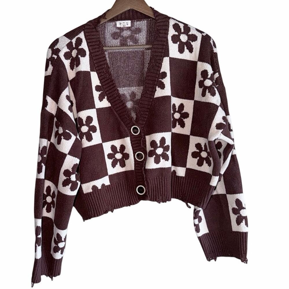 Pol brown cream flower power distressed hem cardigan sweater retro medium bold